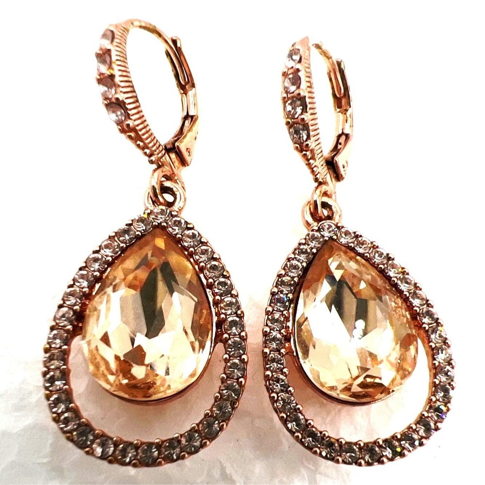 Givenchy Crystal Drop Earrings Clear Pave Halo Rose Gold Tone Articulated 1.5"